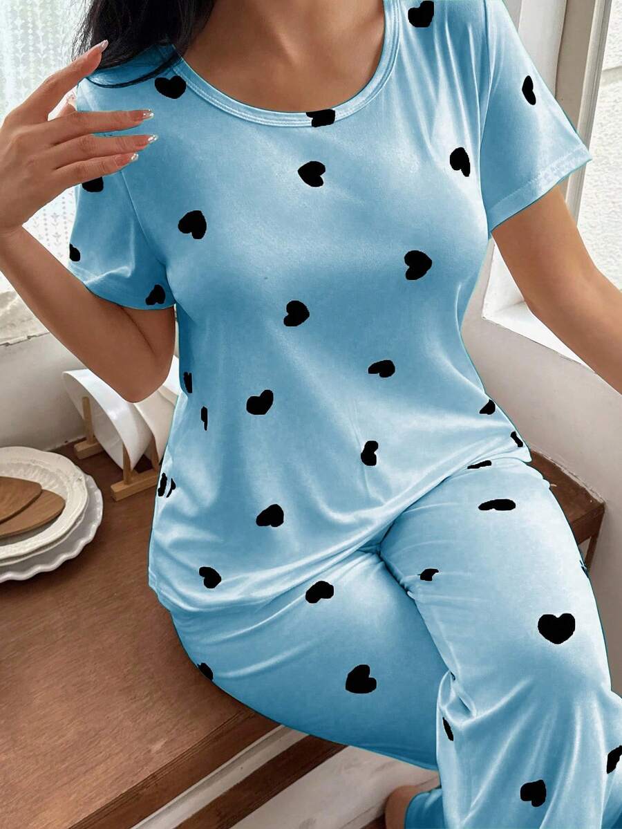 SHEIN 心形印花短袖睡衣套装 - 淺藍色 - 查看 1