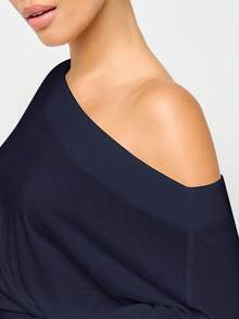 AiiRZ 棉质超大露肩蝙蝠袖束身衣上衣垂坠晚会场合衬衫优雅蝙蝠袖合身腰部个性单品戏剧性设计时尚上衣 - 藏蓝色 - 查看 5