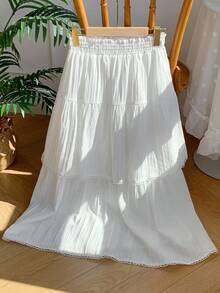 Comfortcana Falda evasé para mujer con cintura elástica y dobladillo con volantes, de tela tejida blanca - Blanco - Ver 1