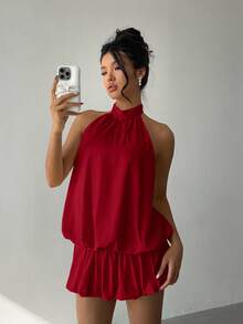 Aloruh 女式纯色荷叶边下摆挂脖迷你连衣裙 - 紅色 - 查看 8