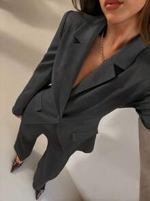 Aloruh Women's Solid Color Blazer And Pants Suit, Fashionable For Commuting In Fall/Winter,Cozy Fall And Winter Clothes For Women - Grey - View 6