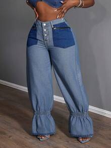 Slaydiva 大码女式高腰拉链口袋荷叶边下摆宽松时尚牛仔裤 - 深色水洗藍 - 查看 5