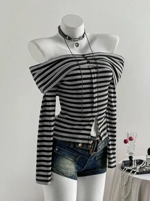 Elamini Grey Black & White Ribbed Texture Off Shoulder Ruched Long Sleeve T-Shirt,Grunge Button Decor Front Split Fitted Top,Autumn Night Out Minimalist Tee - Black - View 4
