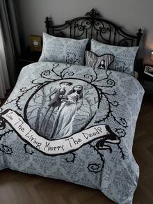 Corpse Bride X SHEIN 3pcs Vintage Cartoon Figure Graphic Duvet Cover Set, Brushed Fabric, Soft & Warm, Black Duvet Cover, Multiple Sizes Fit Twin/Full/Queen/King Bed, Goth - Grey - View 2