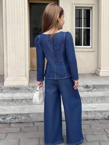 SHEIN Tween Girl Fall Winter France Casual Street Fashion Plain V-Neck Long Puff Sleeve TopDenim Jacket And Baggy Straight-Leg Pants Denim Two Pieces Set,Casual Collegiate Style Comfortable Fashion Minimalist Practical Versatile Soft Fabric,Girls Fall Winter Clothes Back To School Homecoming Outfits,Autumn Clothes,Streetwear Outfits - Medium Wash - View 2