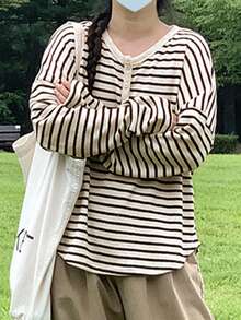 DAZY 大码落肩条纹T恤，配色设计，秋季服装，返校服装长袖女上衣 - 黑與白 - 查看 3