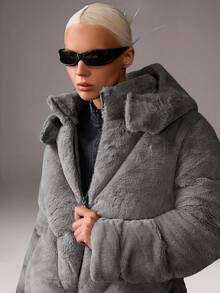 CasuGlow Áo khoác mùa đông chi tiết lông giả màu trơn cho nữ - Xám - Xem 5