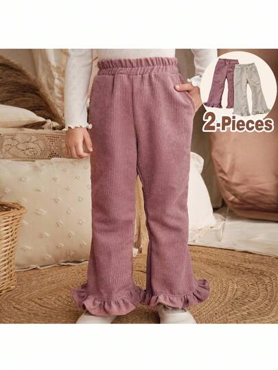 Loomiva 2 件套少女柔软灯芯绒针织松紧腰荷叶边下摆裤套装，适合秋冬季室内外休闲搭配