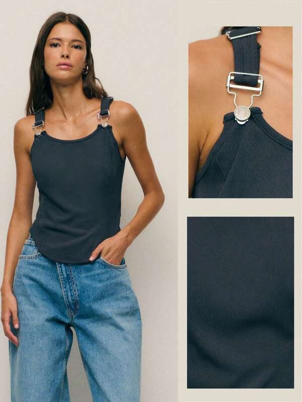 Nöista Charcoal Buckle-Strap Tank With A Scoop Neckline And Adjustable Hardware-Soft Stretch Jersey, Fitted Through The Torso With A Subtle Curved Hem For A Clean, Modern Finish. Perfect For Autumn And Holiday Styling: Layer Under Blazers Or Leather Jackets, Or Pair With High-Rise Jeans And Ankle Boots For Christmas Parties And Festive Outings.