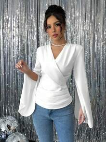 Chiquease Women's V-Neck Long Sleeve Casual Shirt, Minimalist And Fashionable, Suitable For Summer Fall Cloth For Women - White - View 4