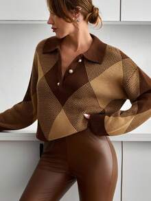 Casual Polo Neck Checkerd Diamond Pattern Color Block Balloon Sleeve Cozy Relaxed Oversize Fit Pearl Button Sweater Brown Sweater Brown Blouses Diamond Pattern Sweater Collared Sweater Womens Brown Tops Brown Sweater Women Brown Argyle Sweater Womens Brown Collared Sweater Brown Polo Sweater,Jumper,Cream Jumper,Jumpers,Christmas Jumper,White Jumper,Black Jumper,Ladies Jumper,Women's Jumpers