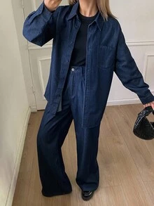 DAZY 女士休闲宽松衬衫和牛仔裤套装，秋季 - 藏蓝色 - 查看 3