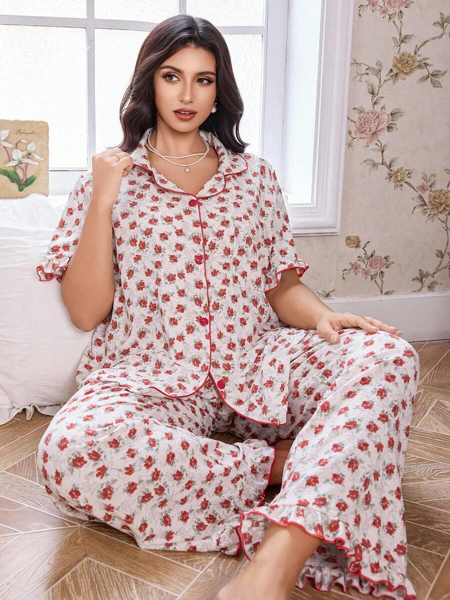 CottageSlumber Bubble Floral Print Open Front Collar Plus Size Pajama Set - Red - View 1