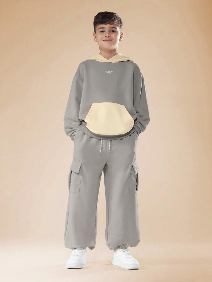 SUMWON Zweiteiler aus Hoodie-Sweatshirt und Cargo-Jogginghose mit Farbblockdesign, Kordelzug in der Taille, weites Bein, Streetstyle, lässige Herbst-/Wintermode - Grau - Übersicht 1