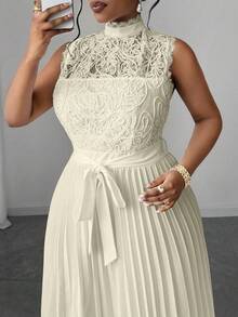 Maweii Plus Size Women Solid Color Sleeveless Lace Pleated Waist Dress - Apricot - View 6