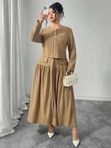 Modelyn Textured Fabric Shirt Collar Button Down Long Sleeve Skirt Elegant Luxurious Socialite Style Plus Size 2 Pieces Set - Khaki - View 1