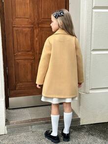 SHEIN Elladie kids Tween Girls' Fashionable Khaki Faux Pocket Front Double-Breasted Long Sleeve Woolen Jacket, Stylish & Cute, Autumn/Winter Fall - Khaki - View 2