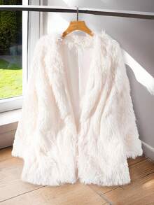 Rusticease Women's Casual Solid Color Fluffy Jacket, Autumn & Winter - White - View 3