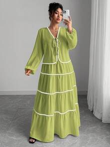 SHEIN Tall 大码女式编织纹理长袖系带前拼色荷叶边下摆开衫和中长裙两件套，法式优雅浪漫 - 綠色 - 查看 1