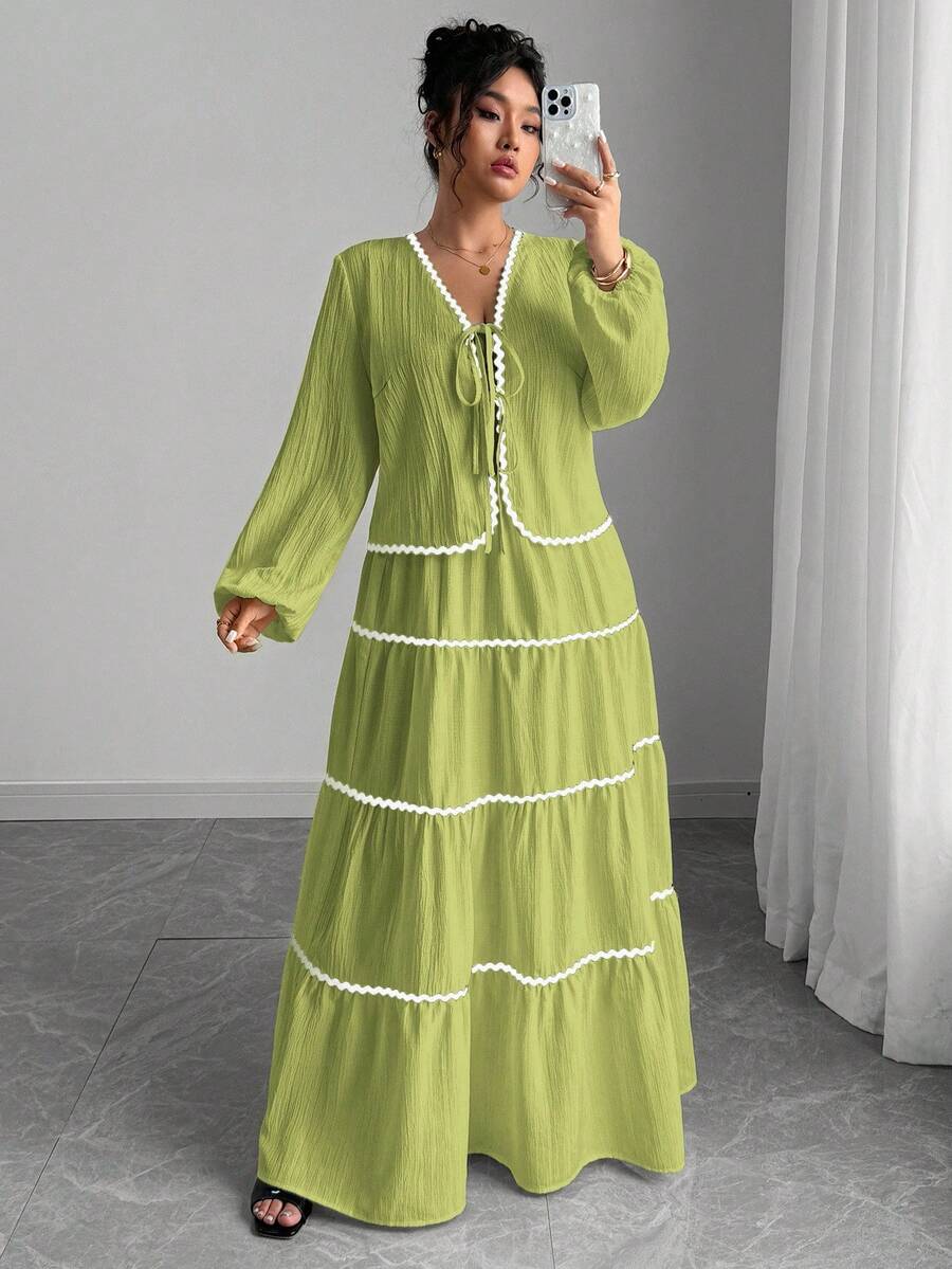 SHEIN Tall 大码女式编织纹理长袖系带前拼色荷叶边下摆开衫和中长裙两件套，法式优雅浪漫 - 綠色 - 查看 1