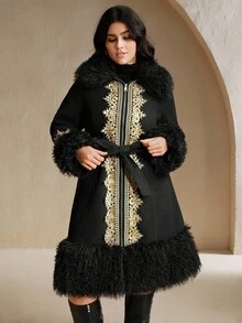 Anewsta Manteau en laine mélangée vintage brodé de ruban moelleux pour femmes grandes tailles, automne/hiver. Élégant, chic, , convient pour Noël, sortie