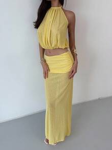 Aloruh 黄色性感透明露背露背短款上衣 + 超高开衩裙，度假装 - 黃色 - 查看 6