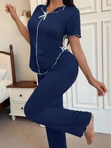 SHEIN Côtesoire 女士 V 领前短后长白色蝴蝶结荷叶边柔软薄牛奶丝短袖裤，休闲舒适家居服 2 件套 - 藍色 - 查看 6