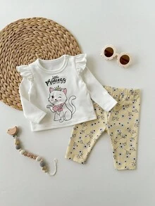 SHEIN 2pcs Newborn Baby Girl Outfit, Long Sleeve Knit White Ruffle Cute Cartoon Kitty Top And Pink Star Print Leggings Set, Suitable For Party, Home And Other Occasions Fall Winter - Yellow - View 3