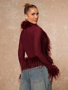 Lumalex Winterlicher Faux-Pelz Patchwork Kragen & Manschetten, transparente Mesh Taille Damen Top in Burgunderrot, Federn Kleid in Bordeauxrot, Luxus Abendkleid für Feiern, Partys, Hochzeiten, Urlaub, Weihnachten und Silvester - Bordeaux - Übersicht 3