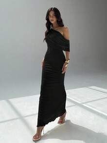 Aloruh 女士优雅派对纯色不对称领口连衣裙