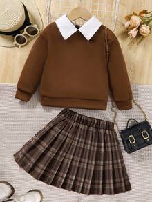 مجموعة ملابس كاجوال كورية الطراز لفتيات المراهقات، ملابس علوية بياقة بيضاء ذات لون أحادي وأكمام طويلة مقترنة بتنورة بني مطوية، طقم من قطعتين مناسب للخريف/الشتاء، العودة إلى المدرسة، أنيق وأنيق للارتداء اليومي، المدرسة، الخروج، الصور، الحفلات الخريفية - بني - مشاهدة 4