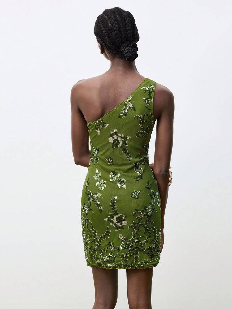 SHEIN Maija 2025 Sequin Embellished Women's Mini Slip Dress, Chic Evening Dress Green Sequin Dress One Shoulder Dress Green Cocktail Dress Olive Green Sequin Dress, Glitter Dress, Luxury Dresses Floral Sequins, Elegant And Unique, Asymmetric Design, One-Shoulder,Slim Fit, Figure-Flattering, Practical, Versatile Dress,