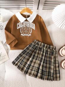 Conjunto de 2 piezas de niña para otoño/invierno de vuelta al colegio, con sudadera de manga larga de punto con estampado de letras inglesas en panel frontal marrón café y cuello blanco sólido, emparejada con falda plisada a cuadros marrón café, adecuado para uso diario, salidas, viajes y reuniones - Café integral - Ver 3