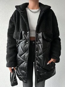 EURMUSE Flap Detail Teddy Panel Drop Shoulder Puffer Coat - Black - View 3