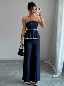 Elenzga Bộ 2 món đồ thời trang cho nữ áo bandeau và quần ống rộng - Màu xanh hải quân - Xem 3