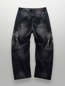 NEON BLANC X LYSMO COLLAB Men's Firework Embroidery Beaded Washed Casual Denim Jeans, Couple Things - Dark Wash - View 3