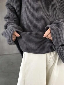 FRIFUL Kaos Wanita Polos Warna dengan Kancing Setengah Plaket, Bahu Jatuh, Lengan Panjang, Kasual, Longgar, Musim Gugur - Grey - View 6