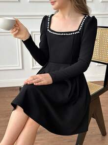 Serisse Kids 青少年女孩优雅圆领铆钉长袖收腰 A 字连衣裙，休闲日常穿着，返校，黑色，适合万圣节、圣诞节、新年 - 黑色 - 查看 9