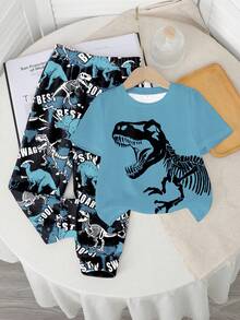 SHEIN 2件套年轻男孩休闲恐龙和卡通动物印花Y2K街头风格圆领短袖T恤和裤子 - 白色 - 查看 2