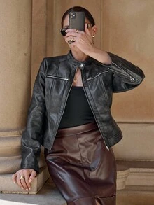 Lavishia Washed PU Biker Style Women Long Sleeve Casual Jacket In Fall/Winter Women's Winter Jacket Fall Clothes Elegant Black Jacket - Dark Grey - View 4