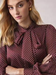 BizChic 女士棕色波尔卡圆点缎面系带长袖衬衫，都市通勤办公室商务休闲优雅正式衬衫 - 咖啡棕 - 查看 8