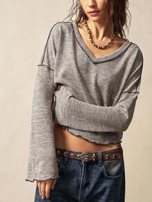 SHEIN BohoFeels Áo thun nữ tay dài cổ chữ V rộng rãi màu trơn đơn giản họa tiết tương phản phong cách Boho - Màu be - Xem 3
