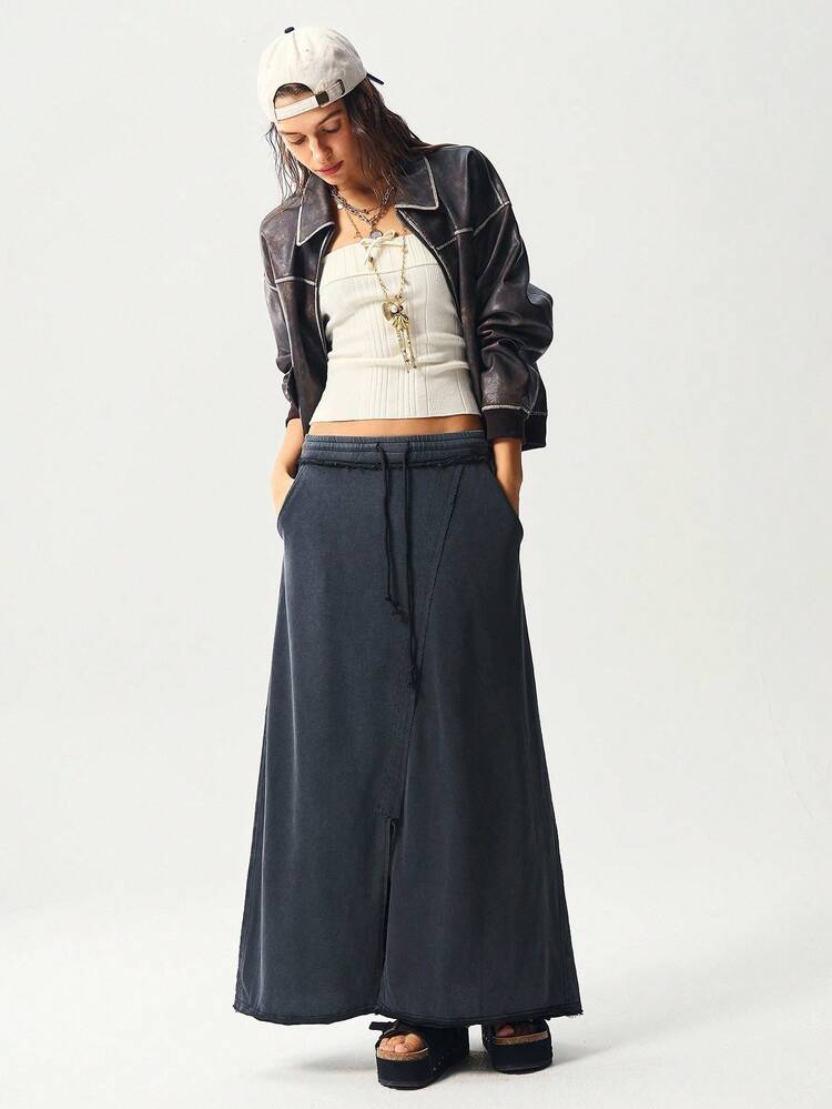 Bohemela Saia Justa de Malha de Cor Sólida Casual para Mulheres - Preto - Visão 5