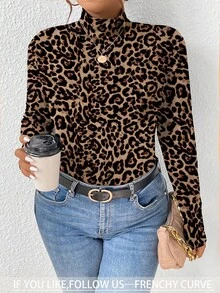 EMERY ROSE 2 piezas Camiseta de manga larga con cuello alto de talla grande, estilo minimalista casual con estampado de leopardo y unicolor, para otoño/invierno - Multicolor - Ver 6