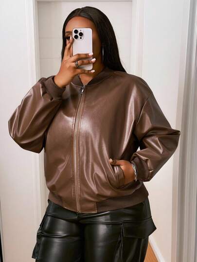Slaydiva Plus Size Women's Autumn Long Sleeve Zip-Up Collar Casual Baseball Jacket Plus Size Leather Bomber Jacket Brown Bomber Jacket Women Plus Size Brown Leather Jacket Women Plus Size Bomber Jacket Plus Size Faux Leather Bomber Jacket Winter Fall