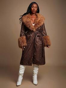 SHEIN SXY Plus Size Women's Brown Autumn Elegant Night Out Club Faux Fur Furry Collar And Cuffs Long Coat With Free Belt,Gorgeous Glamorous Slim Fit Y2K - Multicolor - View 6