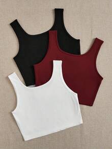 SHEIN EZwear 3 件套女士短款紧身休闲基本款短款背心，黑色、白色和灰色，适合夏季