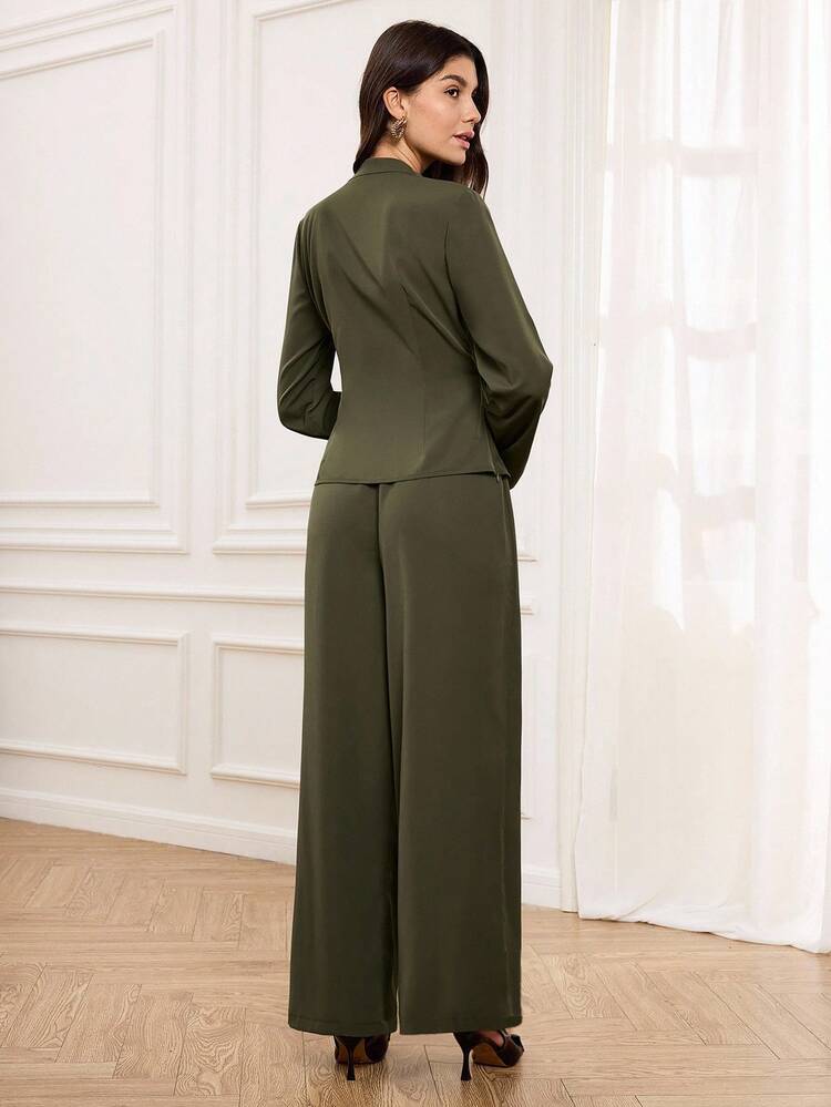 Conjunto elegante de 2 piezas para mujer, con top de estilo envolvente y pantalones de pierna recta, elegante para salir y reuniones, top decorado con botones metálicos de color verde oliva, traje elegante para damas