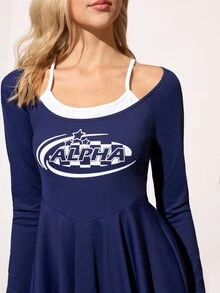 CourtClass Damen ärmelloses Kleid mit U-Ausschnitt, langen Ärmeln, personalisiertem Sportletter-Muster, A-Linie, Rüschensaum, figurbetonter Passform mit Futter-Shorts, Lässig Sport Tennis Kleid für den täglichen Gebrauch, Pickleball Kleid, Tennis Kleid mit langen Ärmeln, Aktivkleidung, Navy Tennis Kleid, Bauchkontrolle Tennis Kleid