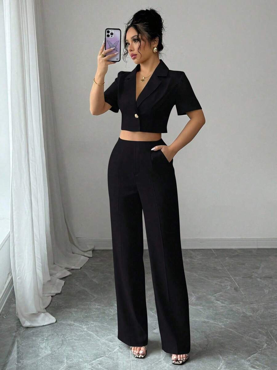 Elenzga 短袖短款西装外套，简约职业女性工作套装 - 黑色 - 查看 1